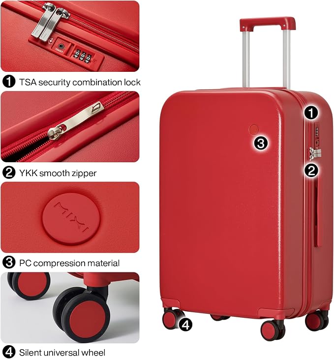 mixi Luggage Suitcase with Spinner Wheels, Hardside Rolling Suitcase PC with Cover & TSA Lock Lightweight Travel Case 24in Checked in, Red - Image 4