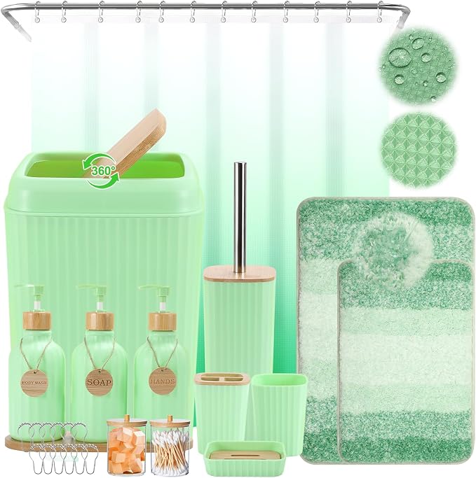 32PCS Green Bathroom Accessories Set with Shower Curtain,Rugs,Trash Can,3PCS Lotion Soap Dispenser, Toothbrush Holder, Soap Dish,Tumbler Cup,6PCS Wood Tags Bath Accessories with Tray for Bathroom by BetterbathroomwithXLHOME