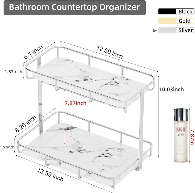 Bathroom Organizer Countertop Perfume Organizer Makeup Organizer Cosmetics Storage Display Rack Vanity Tray Dresser Stainless Steel Gold Shelf White Marble Ceramic Tray - Image 5