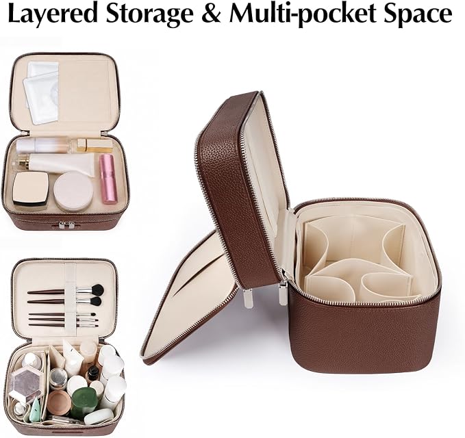 Makeup Case,Leather Double Layer Makeup Bag Duo,Large Portable Travel Toiletry Case Cosmetic Organizer for Women - Image 4