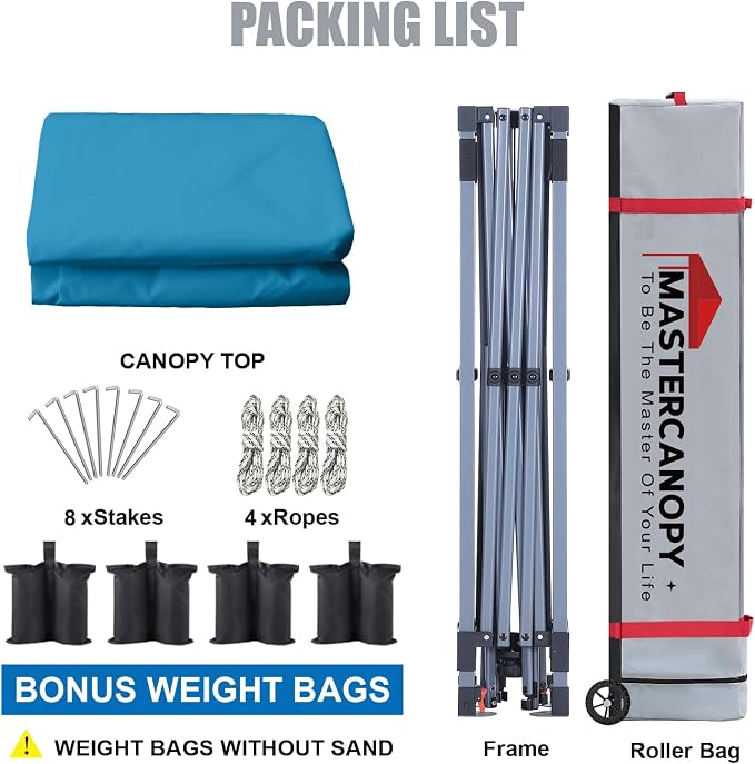 MASTERCANOPY 8x8 Pop Up Canopy Tent, 1 Person Setup Instant Shelter,Outdoor Portable Beach Canopy with Roller Bag, 4 Sandbags, 4 Ropes, 8 Stakes (8x8, Cyan Blue) - Image 6