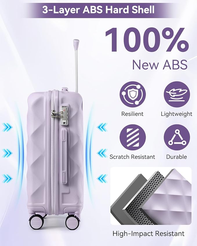 Somago Luggage Set of 3 Piece Suitcase Set Carry On Luggage with YKK Zipper TSA Lock ABS Hardside Luggage Spinner Wheels, Light Purple - Image 3