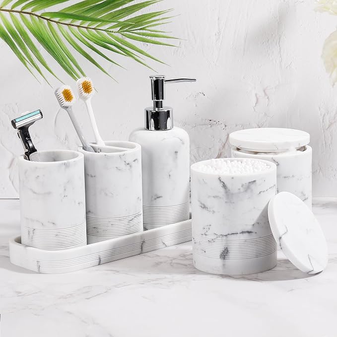 Bathroom Accessories Set, 6-Piece Bathroom Accessory Set, Toothbrush Holders Set, Soap Dispenser, Vanity Tray, Tumbler, Cotton Swab Jars, Bathroom Organizer for Modern Bathrooms (Marble White) - Image 2