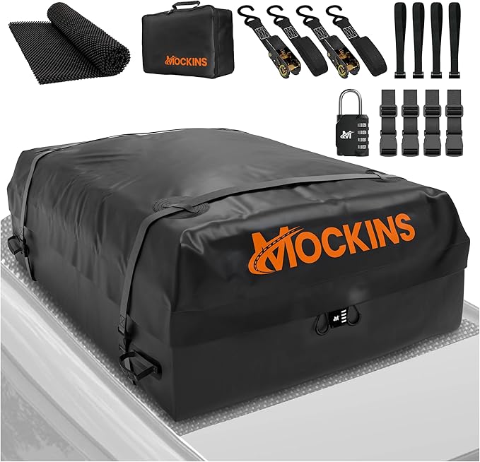 Mockins 25 CuFt Waterproof Rooftop Cargo Carrier Bag | 60"x43"x17" All-Weather 500D Soft-Shell Vinyl Car Top Carrier Without Roof Rack | Vehicle Soft-Shell Carriers with Roof Mat, Lock, Hooks & Straps by Mockins