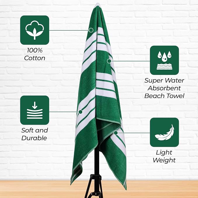 Superior Oversized Cotton Beach Towel Set of 4, Absorbent Towels for Bathroom, Beach, Pool, Swim, Adults, Kids, Vacation, Travel, Bath, Quick Dry Basics, Trip Essentials, Striped Decor, Dark Green - Image 3