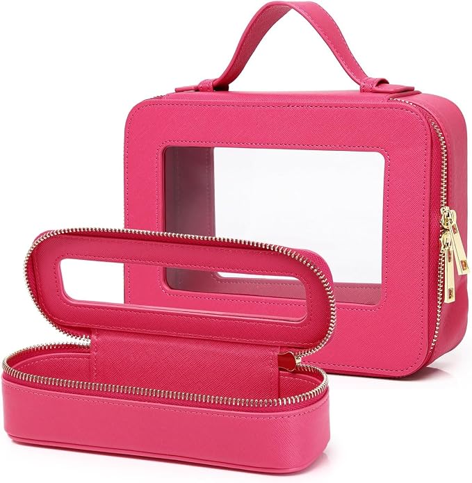 Pinkmik Travel Clear Makeup Bag with Brush Bag Portable Cosmetic Bag Case Transparent Toiletry Bag Cosmetic Organizer Storage Bag for Wome (X/Fuxia, L+SLIM) by Pinkmik