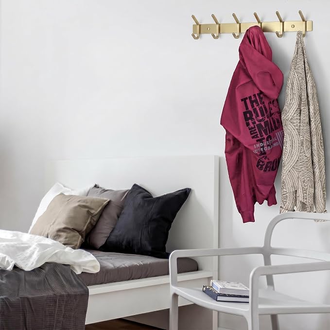 Brushed Gold Wall Mounted Coat Rack – 17 Inch Stainless Steel Rail with 6 Double Coat Hooks for Entryway, Bathroom, Bedroom, Kitchen – Modern Gold Hook Rack for Coats, Hats, Towels - Image 6