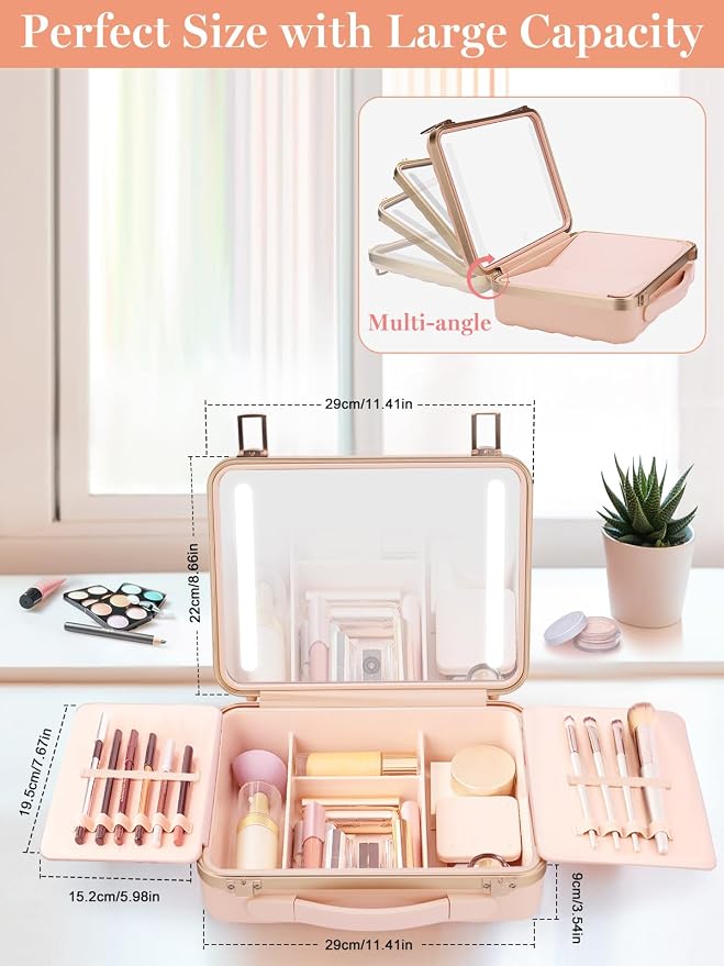 Kalolary Travel Makeup Train Cases with Lighted Mirror 3 Color Setting | Makeup Bag Cosmetic Case Organizer Adjustable Brightness Portable Makeup Storage Box For Makeup Brushes Accessories,Pink - Image 4