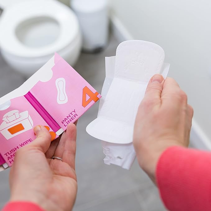 The Restroom Kit Plus: All-in-One Hygiene Travel Kit for Women, 12-Pack with Panty Liner, Patented Seat Cover, 3-Ply Toilet Paper, and Wipes