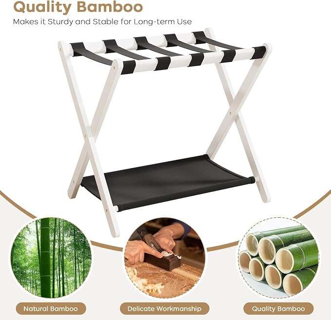 Fully Assembled Luggage Rack, 26.77" Folding Suitcase Stand with Storage Shelf, Bamboo Luggage Stand for Guest Room, Bedroon and Hotel, Holds up to 165 lb, Fit Most Luggage Size, 1 Pack, White - Image 4