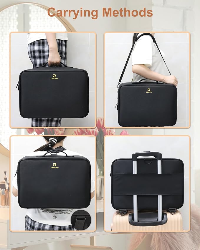 Relavel Large Makeup Case Professional Cosmetic Storage Organizer Box Brush Holder with 3 Clear Set Bags and Adjustable Dividers for Makeup Artists with Shoulder Strap - Image 6