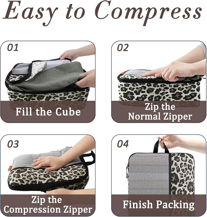 U+U 6 Set Compression Packing Cubes - Travel Organizers with Laundry Bag, Space-Saving Suitcase Organizer, Expandable Packing Organizers for Travel Essentials (Leopard) - Image 6