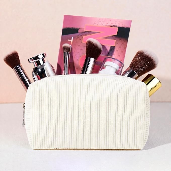 SOIDRAM 2 Pack Corduroy Makeup Bag for Women, Beige Makeup Pouch Small Cosmetic Bag Travel Toiletry Organizer for Skincare, Brushes & Essentials - Image 3
