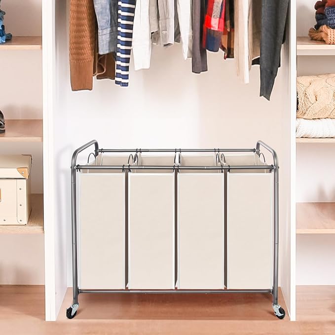 STO STO Laundry Sorter 4 Section, 4 Bag Clothes Hamper, Rolling Laundry Cart Basket with Heavy Duty Lockable Wheels and Removable Bag for Laundry Room, Bedroom, Closet, Beige - Image 3