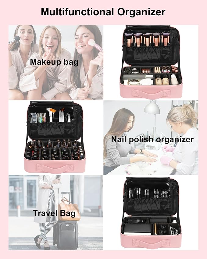 Relavel Makeup Bag Travel Makeup Train Case 13 inches Large Cosmetic Case Professional Portable Makeup Brush Holder Organizer and Storage with Adjustable Dividers and Shoulder Strap (Pink) - Image 7