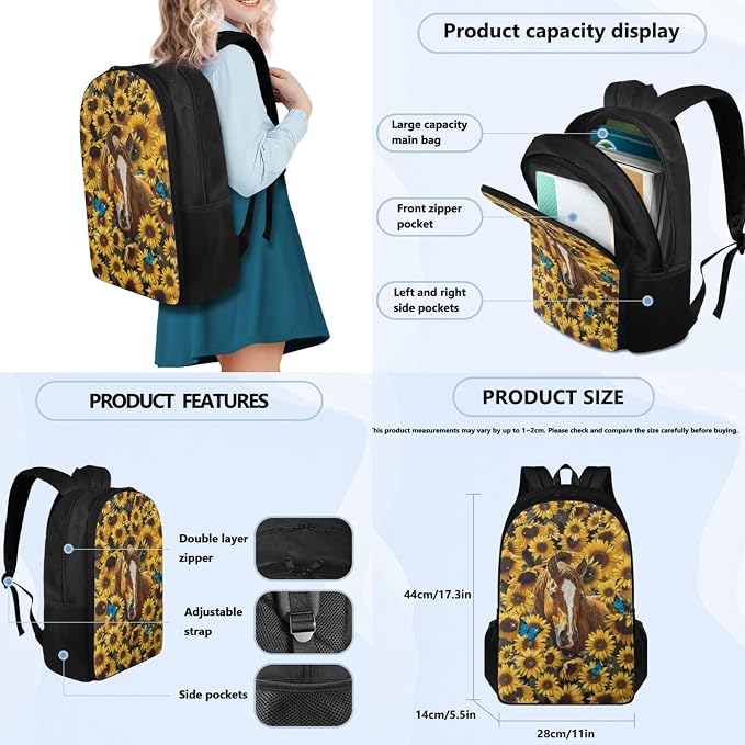 Coloranimal Sunflower Horse 3pcs Backpack Set 17 Inch Kids Backpack With Small Insulated Lunch Bag Pencil Case Kids Backpack for Boys Girls Outdoor Sports Rucksack - Image 2