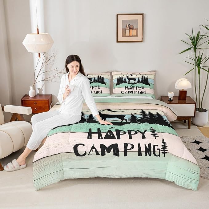 Camper Decor Quilt Bedding For Full Rustic Farmhouse Camping Comforter Set Woodland Animal Deer Rv accessories Bedding Sets Gifts For Teen Boys Girls Black Green Wooden Board Bunks Decor 2 Pillowcases - Image 4