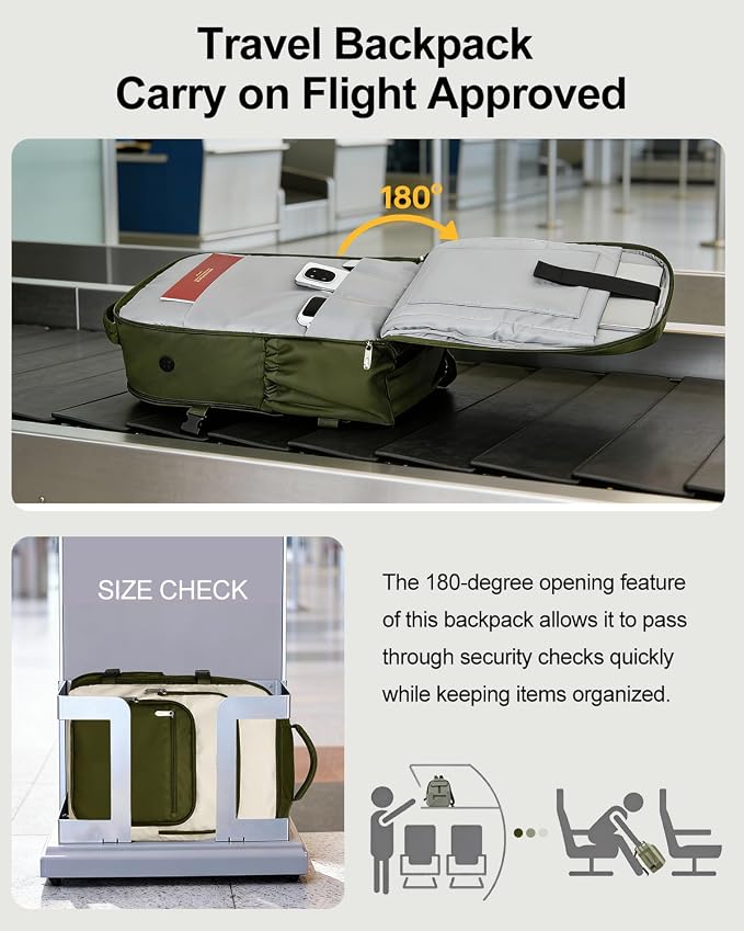 Travel Backpack for Women & Men, Carry On Backpack for Airplanes, Large Waterproof Laptop Backpack for Travel, Overnight, College & Commuting Green-Beige - Image 3