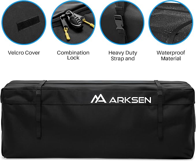 ARKSEN 600D PVC Waterproof Roof Cargo Bag with Lock, Nylon Net, Hitch Stabilizer, 2 Ratchet Straps for SUV, Truck, Van with/Without Rack - Image 2