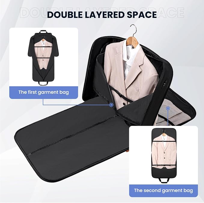 Garment Bags for Travel, Double Layered Carry on Garment Bag with Shoulder Strap, Foldable Suit Travel Bags for Men, Wrinkle Free Garment Travel Bag for Hanging Clothes, Dark Grey - Image 4