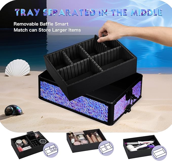 Stagiant Rolling Makeup Case Cosmetology Case on Wheels 4 in 1 Makeup Travel Case Extra Large Cosmetic Box with Key Make Up Artist Traveling Storage Nail Case Salon Barber Cart Trunk Shiny Purple - Image 6