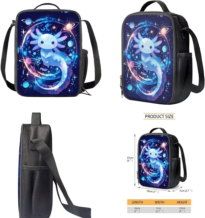Galaxy Backpack with Lunch Box for Girls 4-6/6-8 Axolotl Bookbag and Lunch Bag Set 4 in 1 Space Elementary School Back Pack Lunchbox Pencil Case Water Bottle Holder Kids Book Bags Preschool - Image 5