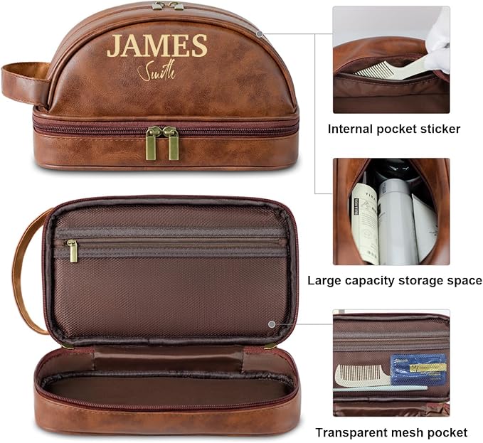 Personalized Leather Toiletry Bag, Brown, Three Layer Structure, Waterproof, Customizable Name Engraving, Travel Organizer for Men, Multi-Occasion Gift (UK1002) - Image 6