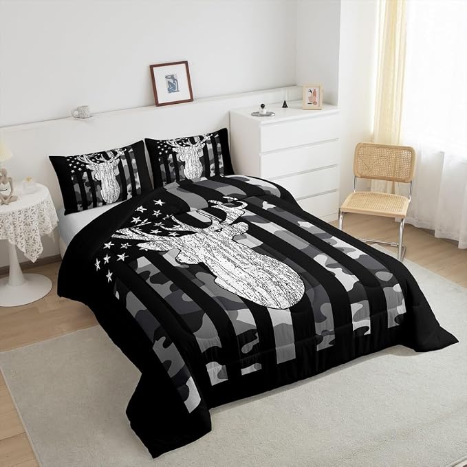 American Flag Bedding Set Deer Camo Comforter Set King for Kids Boys Teen Man,Western Rustic Black Grey Military Camouflage Bedding Comforters Hunting Deer Antlers Quilt Duvet for All Season 3 Pcs - Image 3