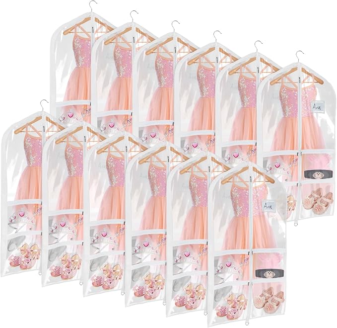 Univivi Clear PVC Dance Costume Bags (12 Pack) Garment Bag 40 Inch for Dance Competitions, with 4 Medium Clear Zipper Pockets and 1 Large Back Zippered Pocket (40'' x 24'' 12 Pack) by Univivi