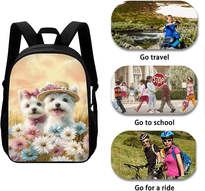 Westie Dog Daisy Flower Print Durable Backpack Set for Boys and Girls, Large Lightweight Schoolbag Set with Lunch Bag Pen Bag, Suitable for Elementary and Middle School Students - Image 3