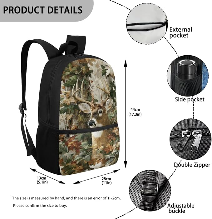 Deer Backpack for School Boys Forest Camo Backpack for Kids School Bag 5 in 1 Bookbag Set with Lunch Box Pencil Case Bottle Sleeve for Boys Preschool Bookbag - Image 3