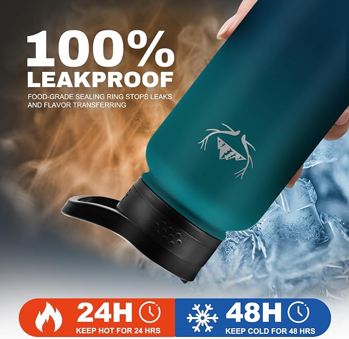 NATURE PIONEOR 40 oz Insulated Water Bottle with Carrier Bag & 3 Lids | 18/8 Food-grade Stainless Steel, Double Vacuum Insulation, 3 Leak-proof Lids, Strap, Camping, Hiking, Gym, Work - Image 3
