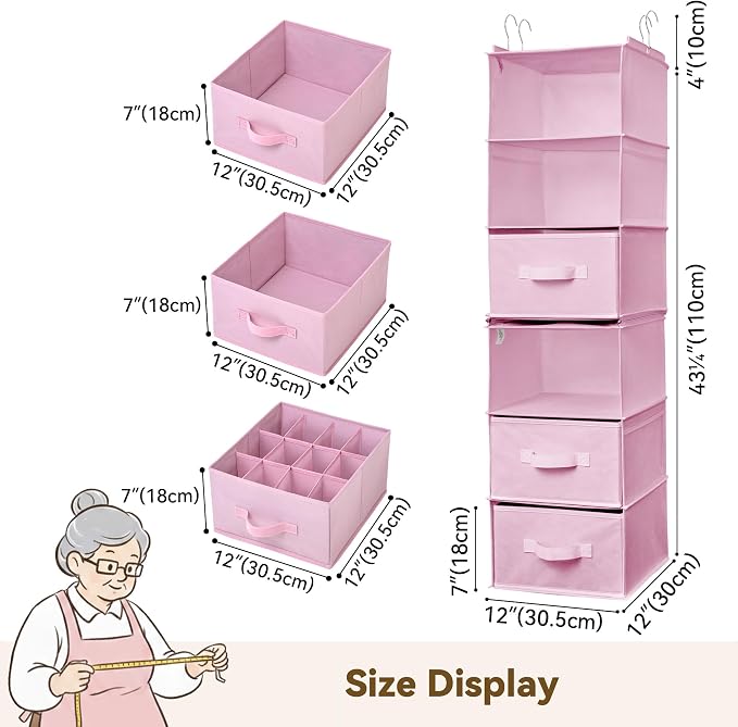 GRANNY SAYS Hanging Closet Organizer 6-Shelf, Separable to 2 Pack 3-Shelf Closet Storage Organizer with 4 Side Pockets, 3 Different Drawers, Portable Hanging Shelves for Baby Clothes, Sweater, Pink - Image 3