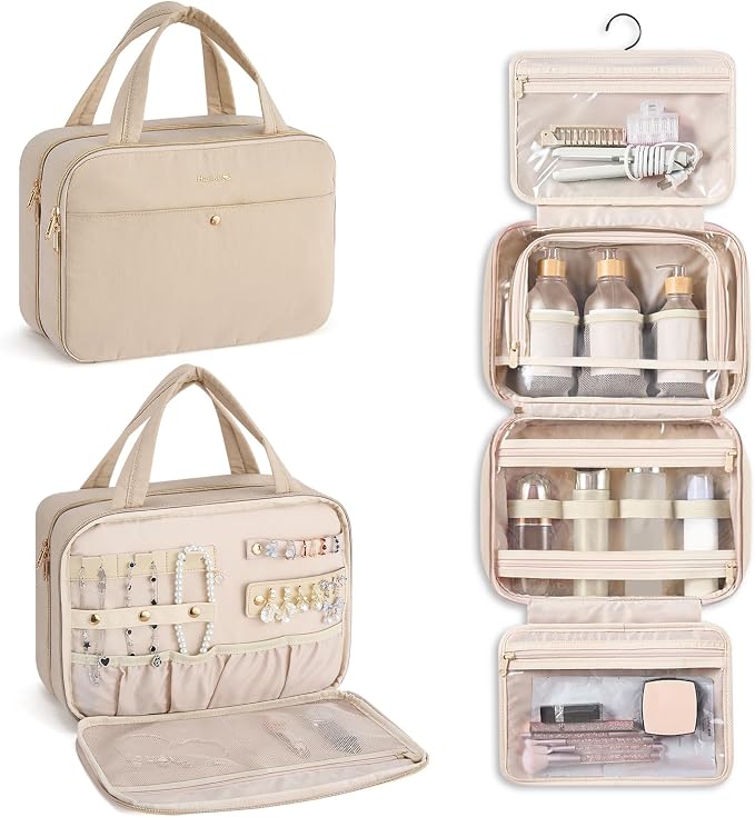 Hanke Hanging Travel Toiletry Bag for Women with Jewelry Organizer Compartment, Travel Essentials Toiletries and Makeup Bag, Water-Resistant & Stain-Resistant with Trolley Strap (Apricot) by Hanke