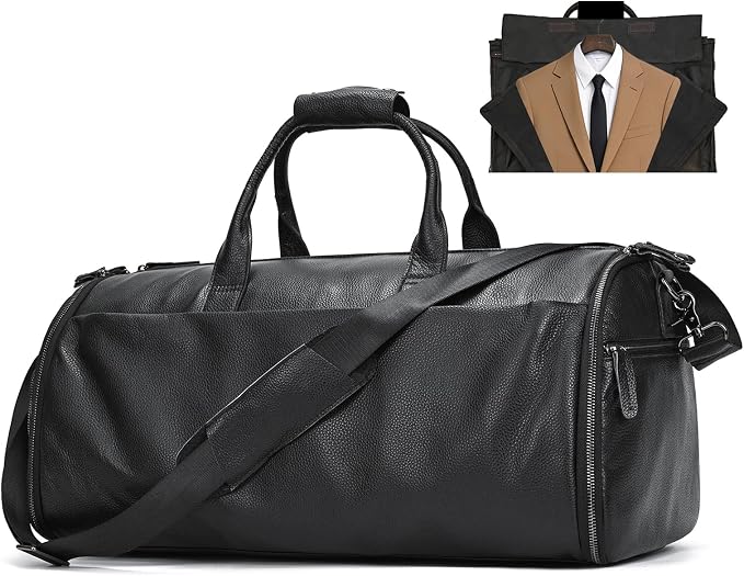 Genuine Leather Travel Duffel Bag for Men, Convertible Carry-On Luggage Hanging Garment Bag for Business & Gym, Large Capacity Weekender Bag with Multiple Pockets (Black) by Unknown