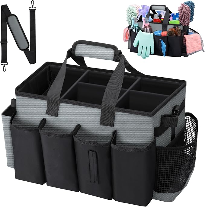 Wearable Large Cleaning Caddy Bag for Housekeeper, Clean Supply Organizer with Adjustable Shoulder, Waist & Handle Straps, Detailing Bag for Kitchen Supplies (Black&Gray) by wigojoy