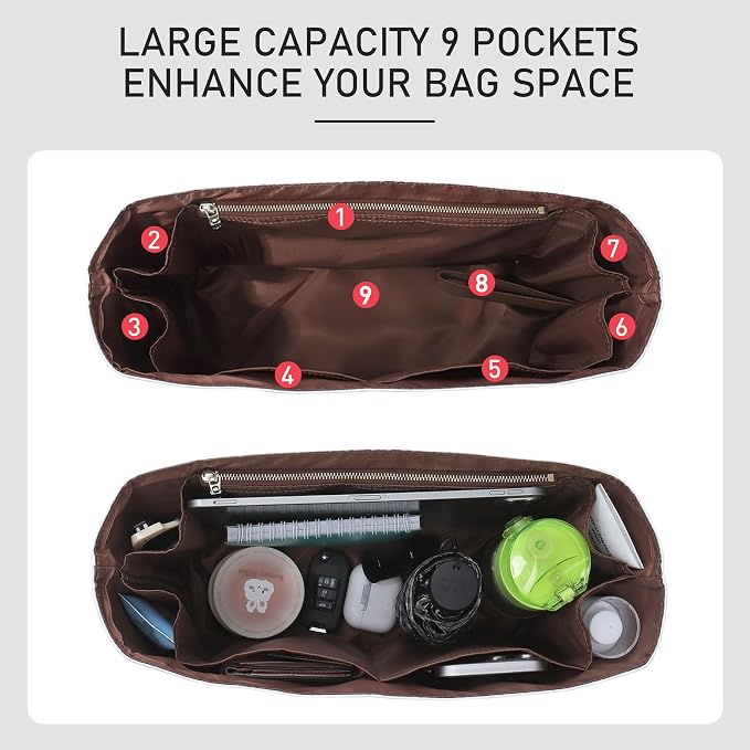 Dupont Paper Purse Organizer Insert, Coach Brooklyn 39 Bag Insert, Lightweight Water-Resistant Tote Bag Organizer Inner Shaper with 9 Pockets, Cup Holder & YKK Zipper - Image 3