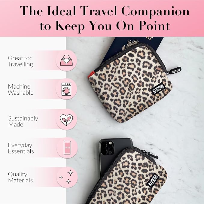 KUSSHI 2pc Neoprene Pouch Set - Passport Holder and Travel Zipper Makeup Pouch for Purse - Small Purse Pouch for Organization, Electronics, Glasses & Valuables (Leopard) - Image 3