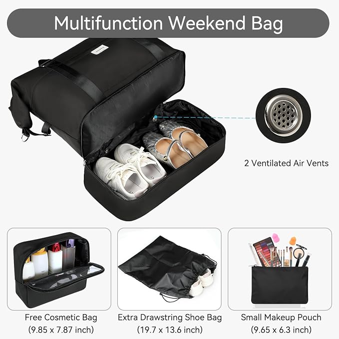 Voova Weekender Bags for Women, Large Travel Duffle Bag for Personal Item Travel with Shoes Compartment, Carry On Overnight Bag with Toiletry Bags 4 Pack Set for Men, Gym, Hospital, Yoga (Black) - Image 3
