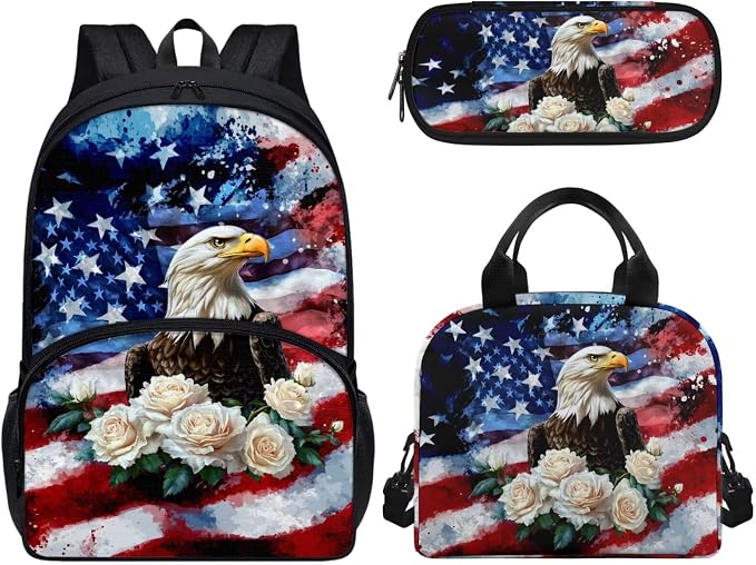 American Flag Eagle Flower School Bookbag with Lunch Bag Pencil Case 3 PCS Set Lightweight Preschool Elementary Backpack Shoulder Bag Organizer Daypack Rucksack for Teen by Wideasale