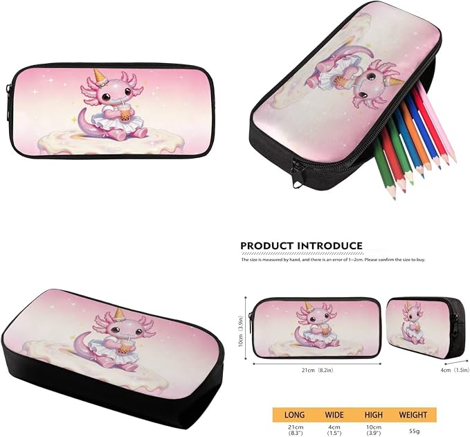 Axolotl Back to School Backpack Set for Girls, 17'' 4-Piece Cute Bookbag with Insulated Lunch Bag, Ice Cream Boba Tea Pencil Case, Lightweight School Bag for Kids Age 6-12 - Image 6