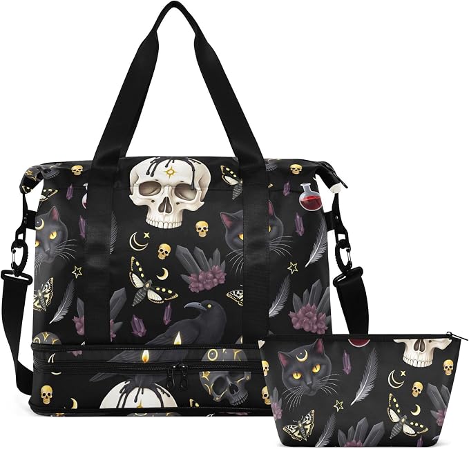 Goth Skull Moth Sports Duffel Tote Bag - Wet Pocket Weekender Overnight Gym Carry On Hospital Bag for Women Men - Image 8