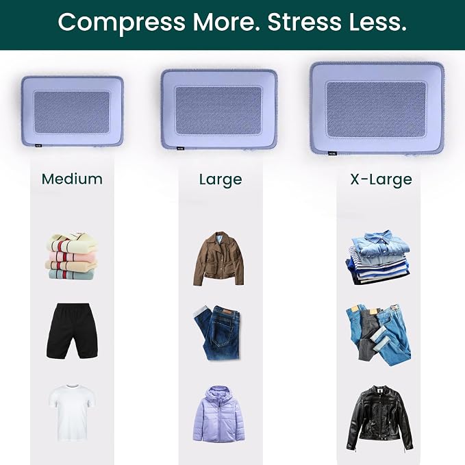 NOBL Travel Compressible Packing Cubes Set, 6 Pieces Travel Packing Organizers, Compression Luggage Cubes for Suitcases & Carry On, Space Saving (XXS, XS, S, M, L, XL) - Lavender - Image 4