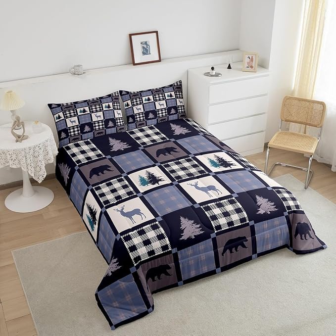 Hunting Animal Comforter Set for Youth,Rustic Bear Deer Patchwork Bedding Set Lodge Decor,Vintage Farmhouse Wildlife Down Comforter Twin,Geometric Grid Check Quilted Comforter with 1 Pillowcase - Image 4