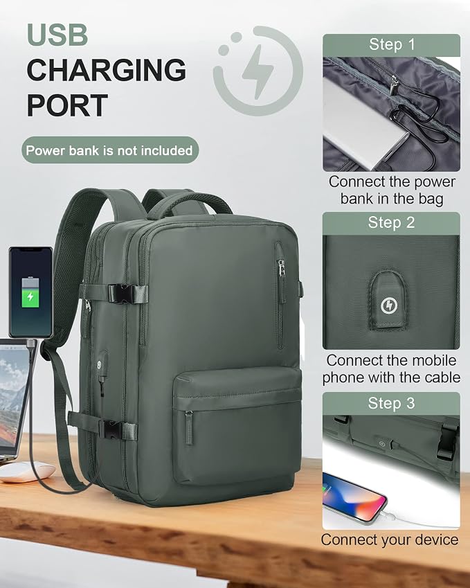 Large Travel Laptop Backpack, Expandable Flight Approved Backpack, Carry on Backpack for Women, Waterproof 17inch Laptop Hiking Backpack with Shoe Compartment, Dark Green - Image 3