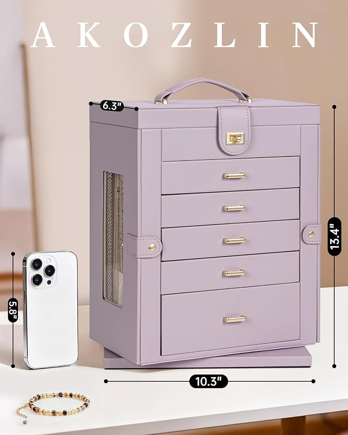 AKOZLIN 6-Tier Jewelry Box Organizer Functional 5 Drawers Leather Jewelry Storage Case for Women Girls Ring Necklace Earring Bracelet Holder Organizer with Mirror XL Purple 360° Rotating - Image 2