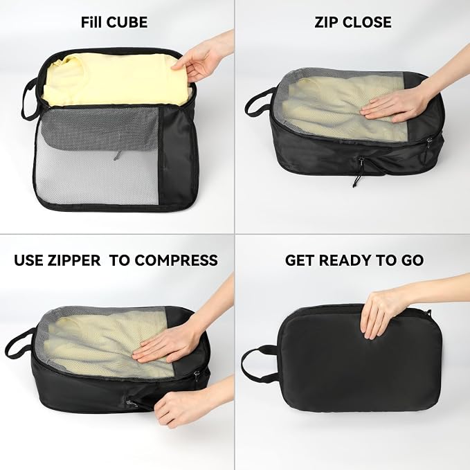 Voova 6 Set Compression Packing Cubes, Travel Accessories Expandable Packing Organizer Bags Set for Carry on Suitcase, Durable Luggage Packing Cubes for Travel Essentials, Black - Image 6