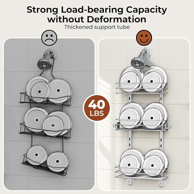 Orimade Aluminum Hanging Shower Caddy Over Head, Adjustable Anti-Slip Bathroom Shelves with Hooks, Rustproof Shower Organizer Storage Rack, Silver 3 Tier - Image 6