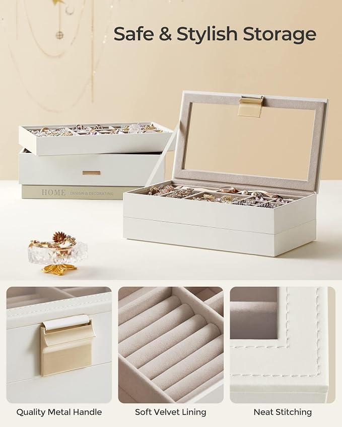 SONGMICS GISELLA Collection - Stackable Jewelry Trays, 4-Tier Jewelry Box, Drawer Jewelry Organizer, with Glass Lid, Removable Dividers, 6.7 x 11 x 7.2 Inches, Gift Idea, Cloud White UJBC164W01 - Image 5