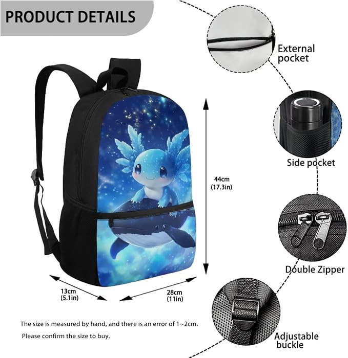 Killer Whale Axolotl Backpack with Lunchbox Blue School Bag 17 Inch Primary Students School Backpack and Pencil Case and Water Bottle Holder 4-in-1 Travel Camping Hiking Rucksack - Image 3